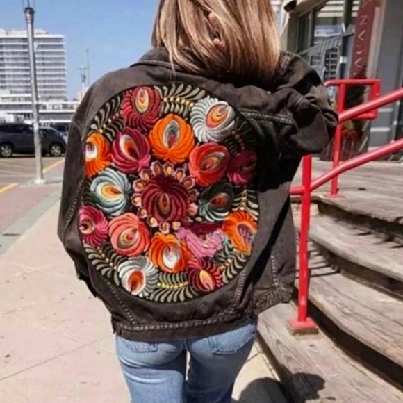 Jackets & Blazers - New Boho Embroidered Patch Denim Jean Jacket Oversized Coat Black